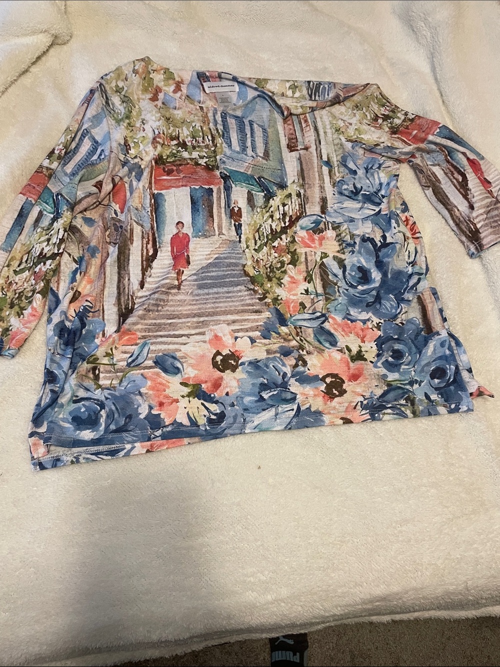 Alfred Dunner Scenic Floral Street Print Long Sleeve Top - Blue, Pink & Green